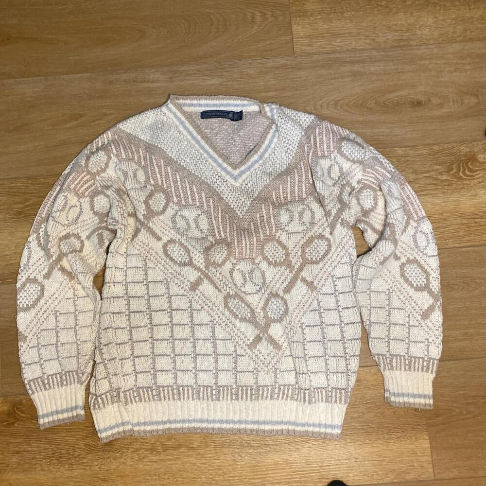 Vintage Crossings Abstract Neutral Tennis Pattern Knit Sweater